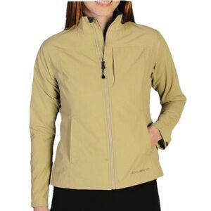 ExOfficio FlyQ LITE Jacket Womens Sz Large 12- 14 Khaki Tan Travel Pockets Nylon